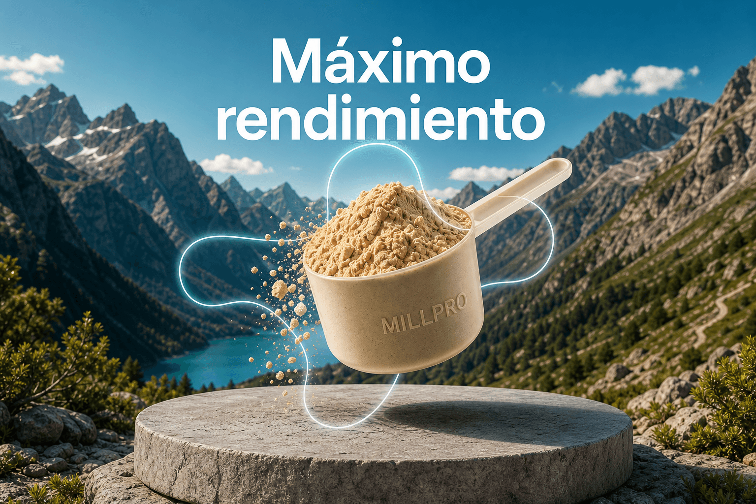 Paisaje de montaña con proteína MILLPRO para máximo rendimiento