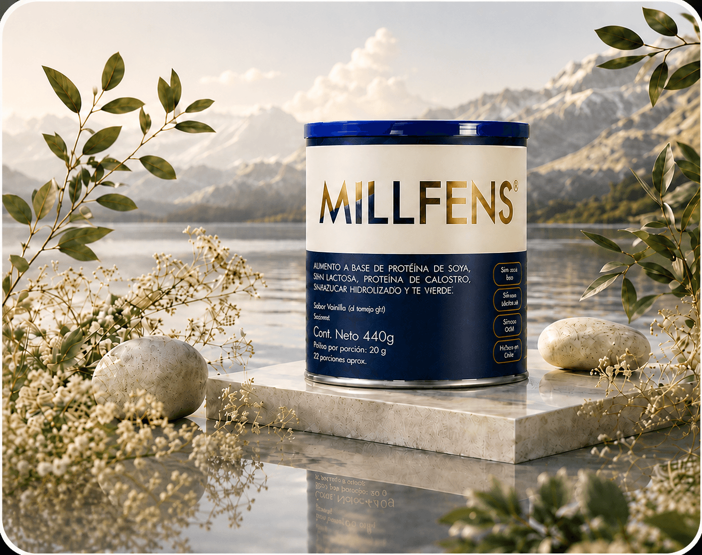 MILLFENS entre montañas, hojas y flores junto a un lago